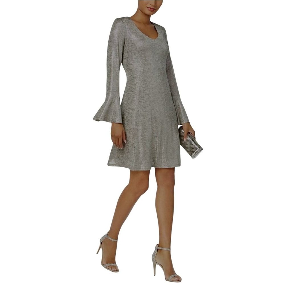 Size 12 GRAY/SILVER METALLIC BELL SLEEVE SHIFT DRESS